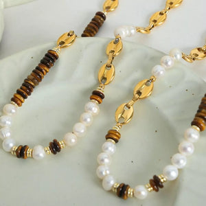 Tiger's Eye Freshwater Pearl 18k Gold-plated Necklace in brown with beaded