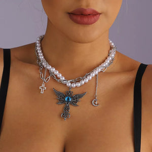 Synthetic Pearl,Resin,Zinc alloy Care instructions: Avoid wearing during exercis necklace in blue with layered silhouette