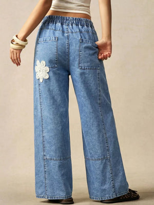wide-leg jeans featuring floral in Blue with 95%cotton, 5%spandex Care instructions: Machine wash cold texture