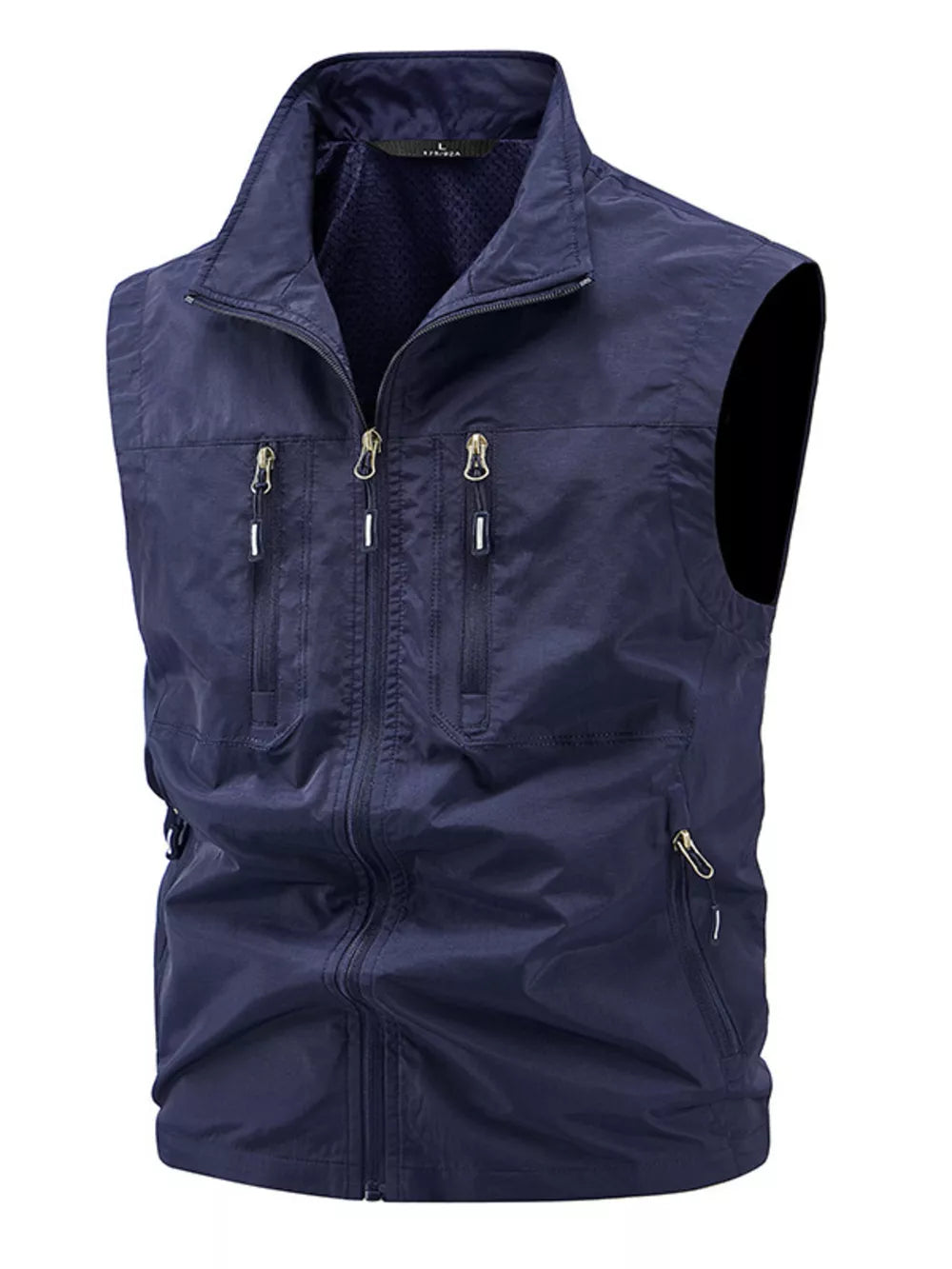 Dark blue men's multi-pocket outdoor vest with zip closure and zippered chest pockets.