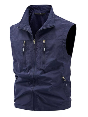 Dark blue men's multi-pocket outdoor vest with zip closure and zippered chest pockets.