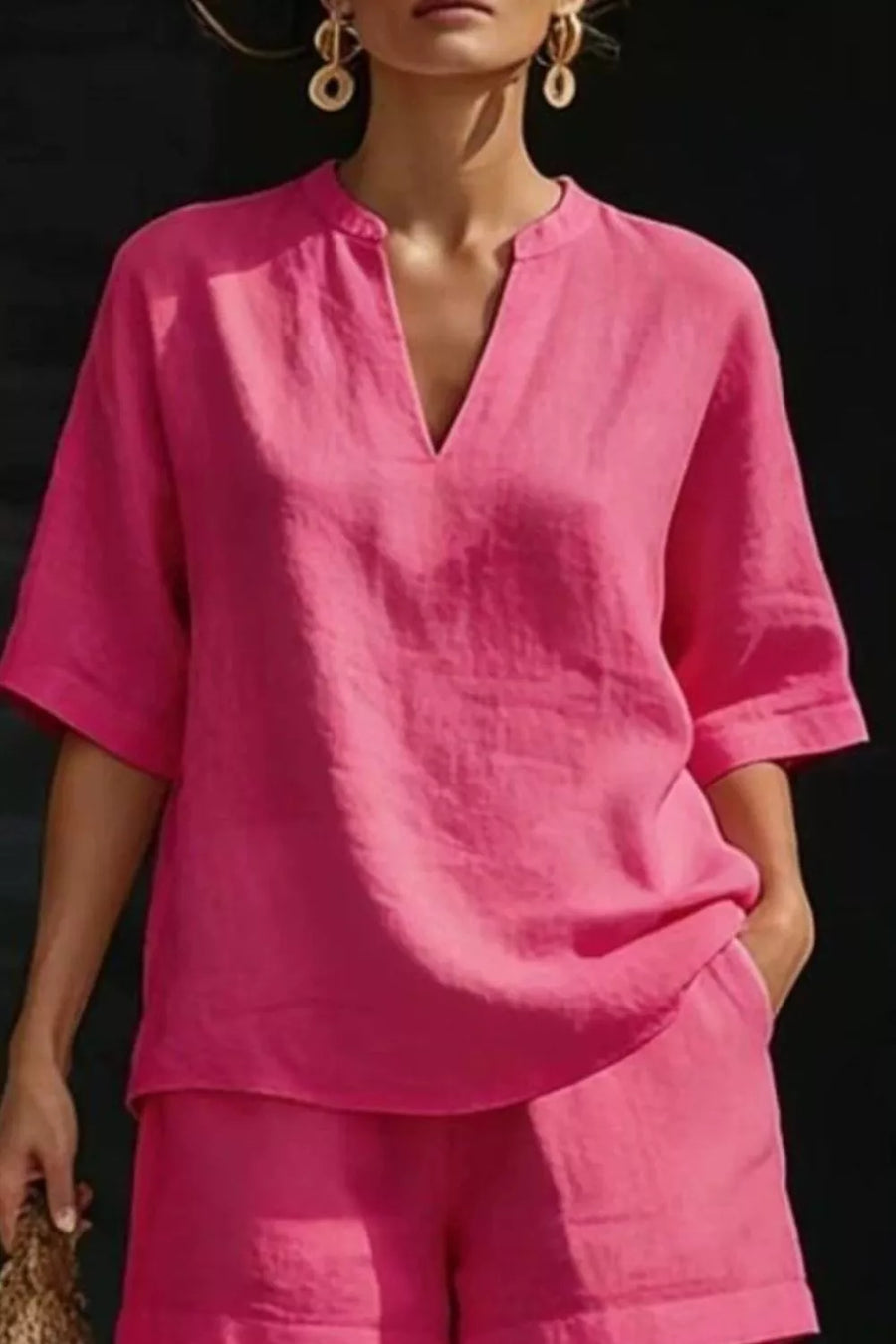 Hot Pink notched top with V-neck and pocketed shorts set for women.