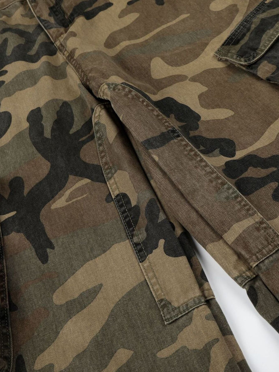 tan cargo pants with button-front and camo