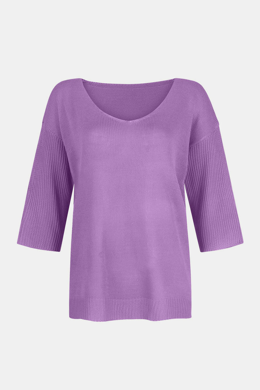 Lavender V-neck knit sweater with flared 3/4 sleeves and ribbed cuffs.