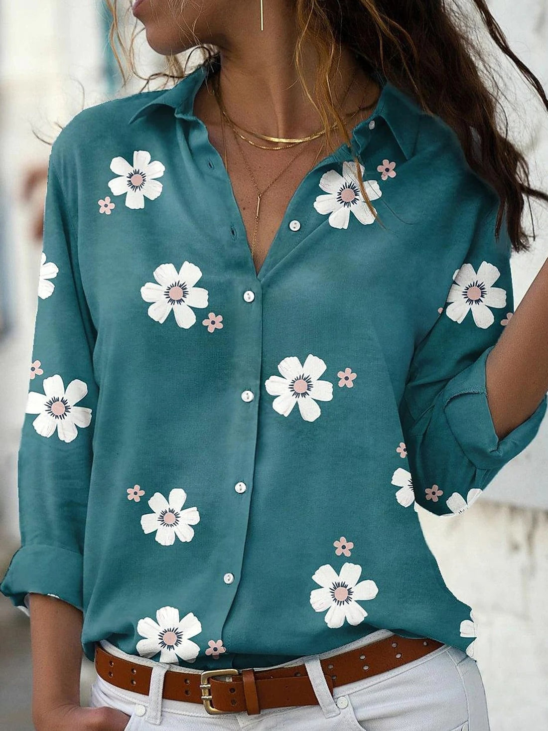 Pink button-down shirt with button-front and floral