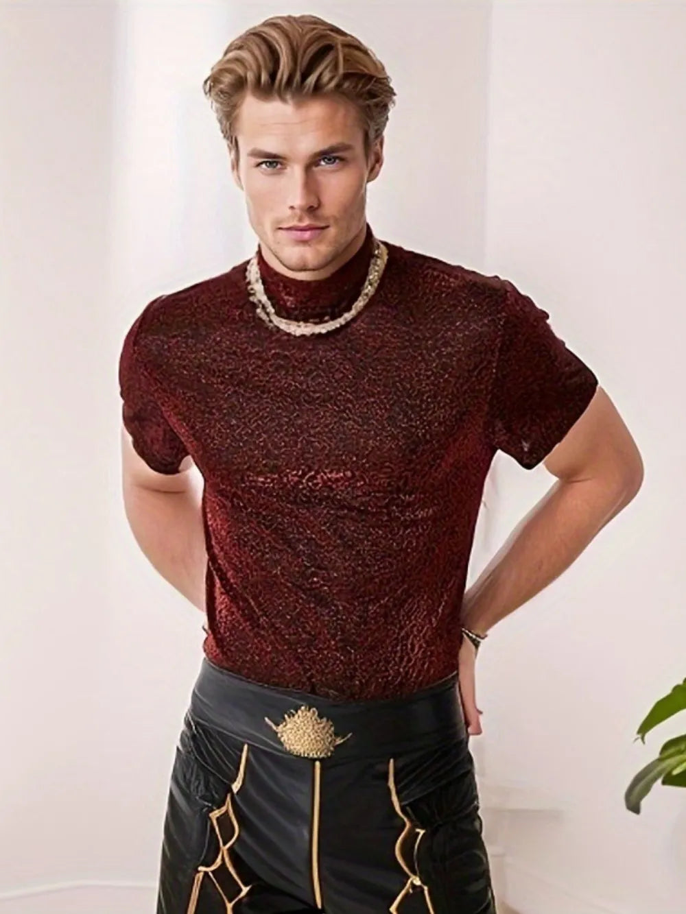Textured velvet mock neck tee in burgundy with short sleeves.