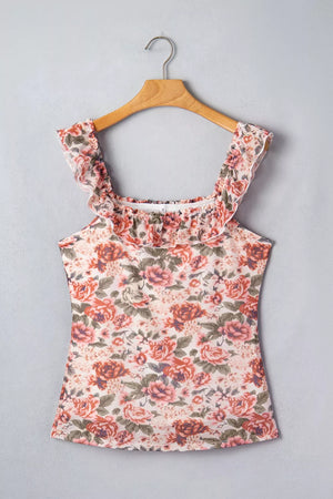 Floral ruffle-trimmed tank top in polyester with a smocked neckline and ruffled straps.