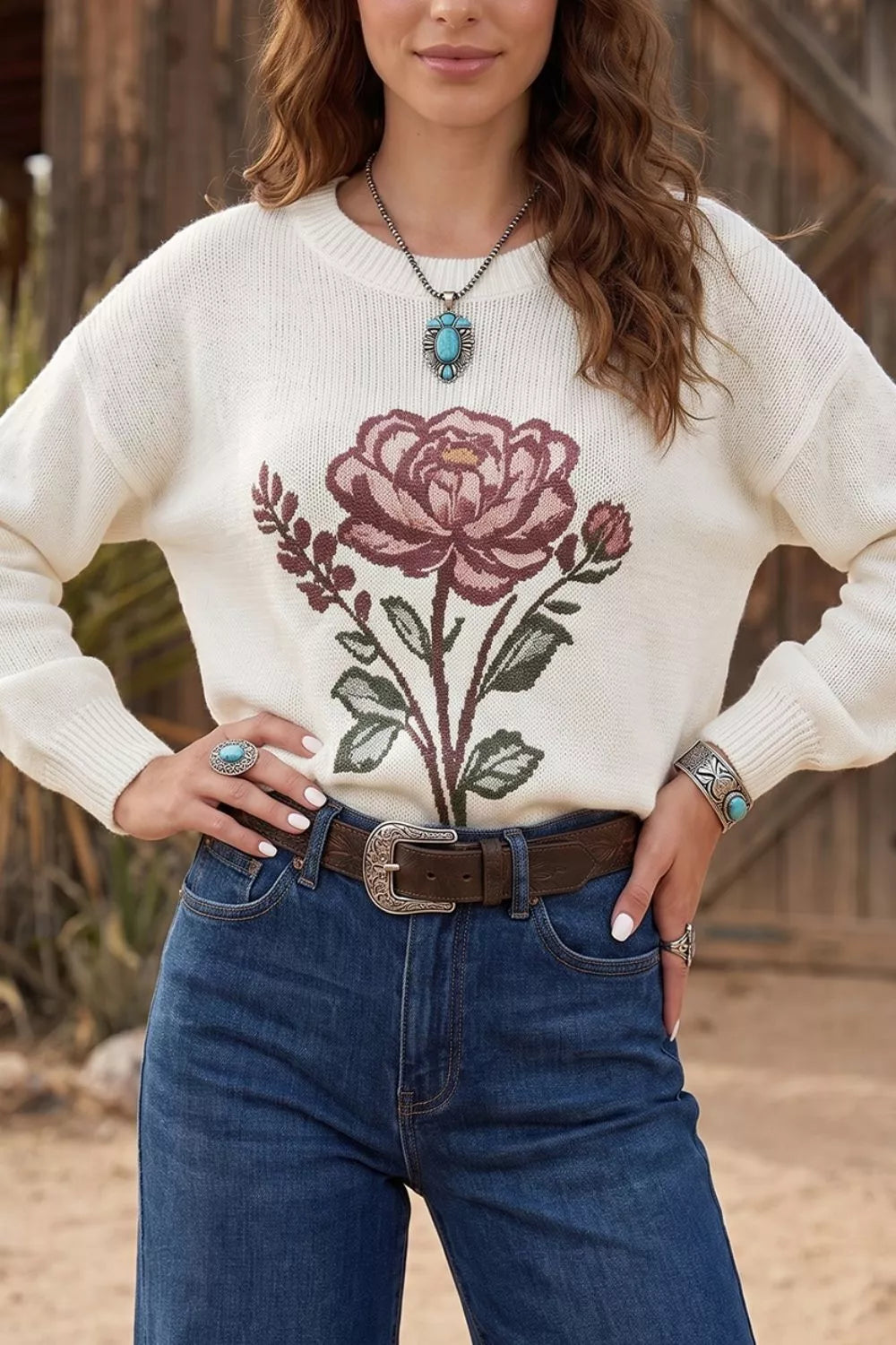 cream pullover sweater with floral and crew neck
