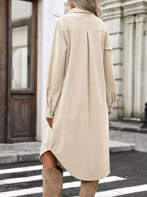 shirt dress in camel with collared and long sleeve