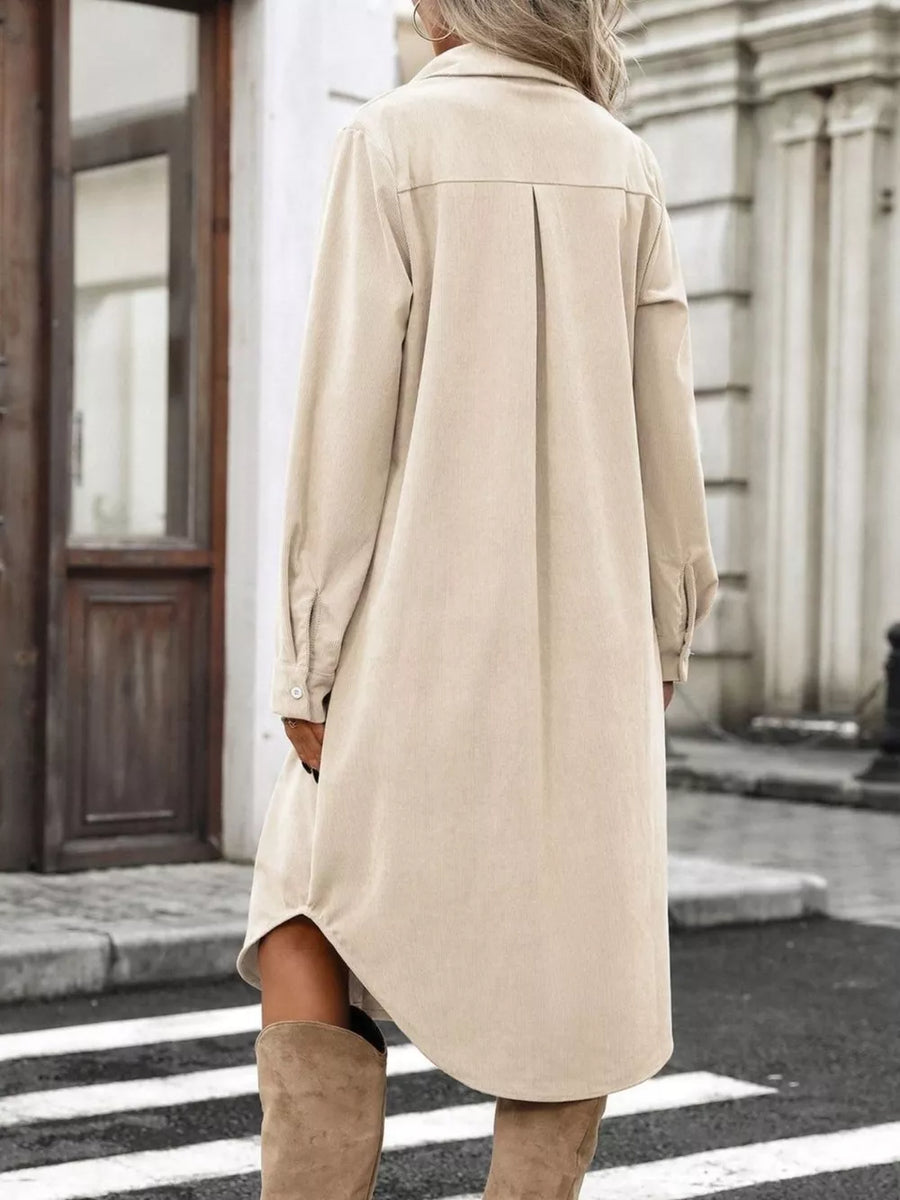 shirt dress in camel with collared and long sleeve