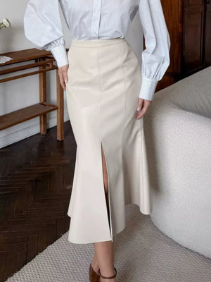Slit Mermaid Midi Skirt in dark brown with seam detail