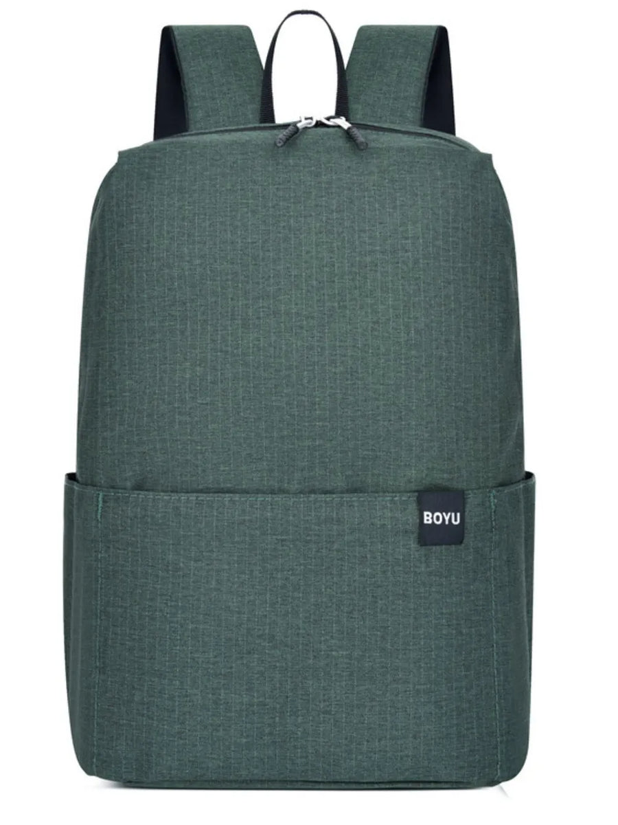 Textured Army Green backpack with minimalist design and side pockets.