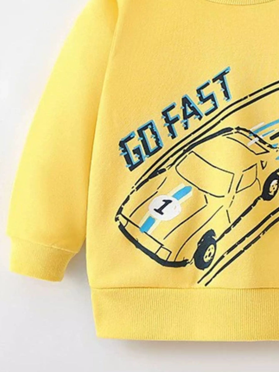 Yellow cotton crew neck sweatshirt with car print and GO FAST text.