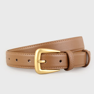 Skinny brown leather belt with gold buckle and stitched detail