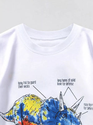White crewneck t-shirt with a colorful dinosaur graphic and text labels.
