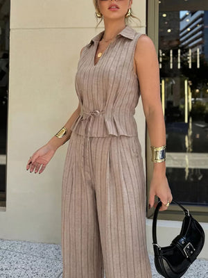Tied waist linen blend set with collared sleeveless top and wide-leg pants, beige pinstripe