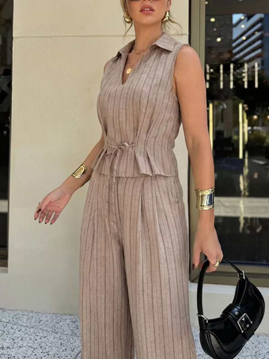 Tied waist linen blend set with collared sleeveless top and wide-leg pants, beige pinstripe
