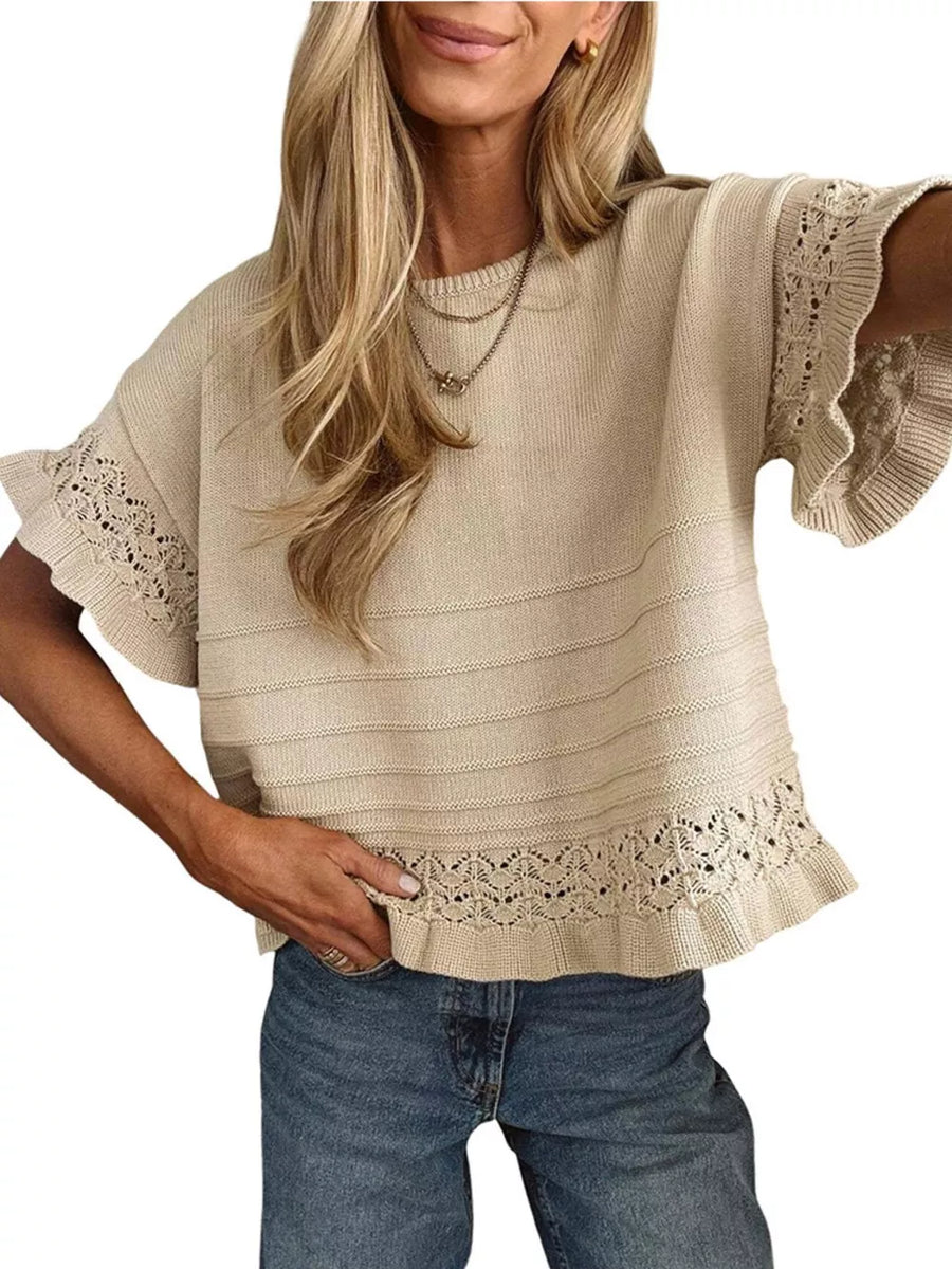 Khaki knit top with crew neck, short sleeves, and delicate lace trim at hem and cuffs.