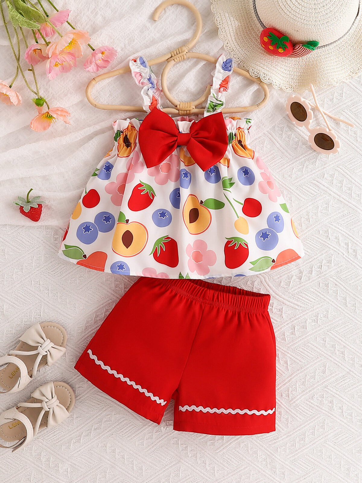 Baby girls' fruit print tank top and red shorts set with bow detail