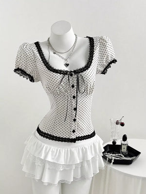 Dark Blue Polka Dot Lace Trim Puff Sleeve Top