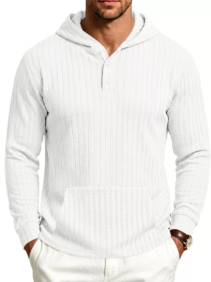 white pullover hoodie with striped and hooded, henley