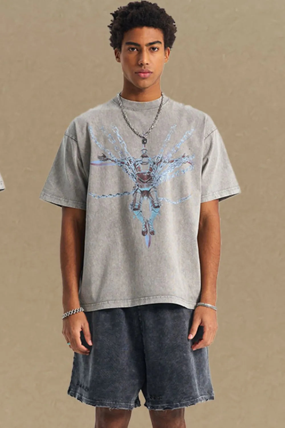 Gray acid wash oversized graphic tee with a robot and chain print.