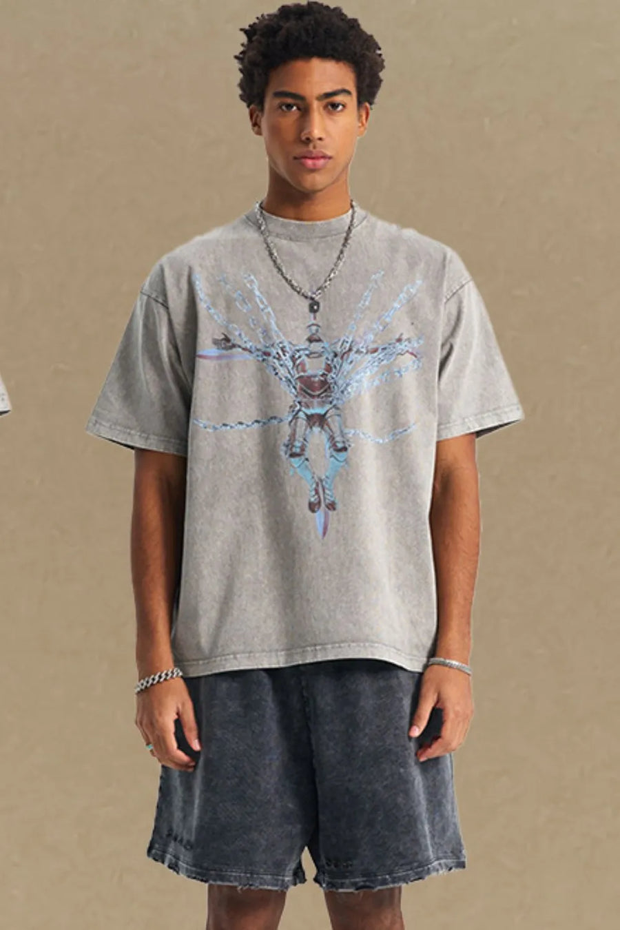 Gray acid wash oversized graphic tee with a robot and chain print.