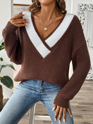 ivory v-neck sweater with stretch and long sleeve
