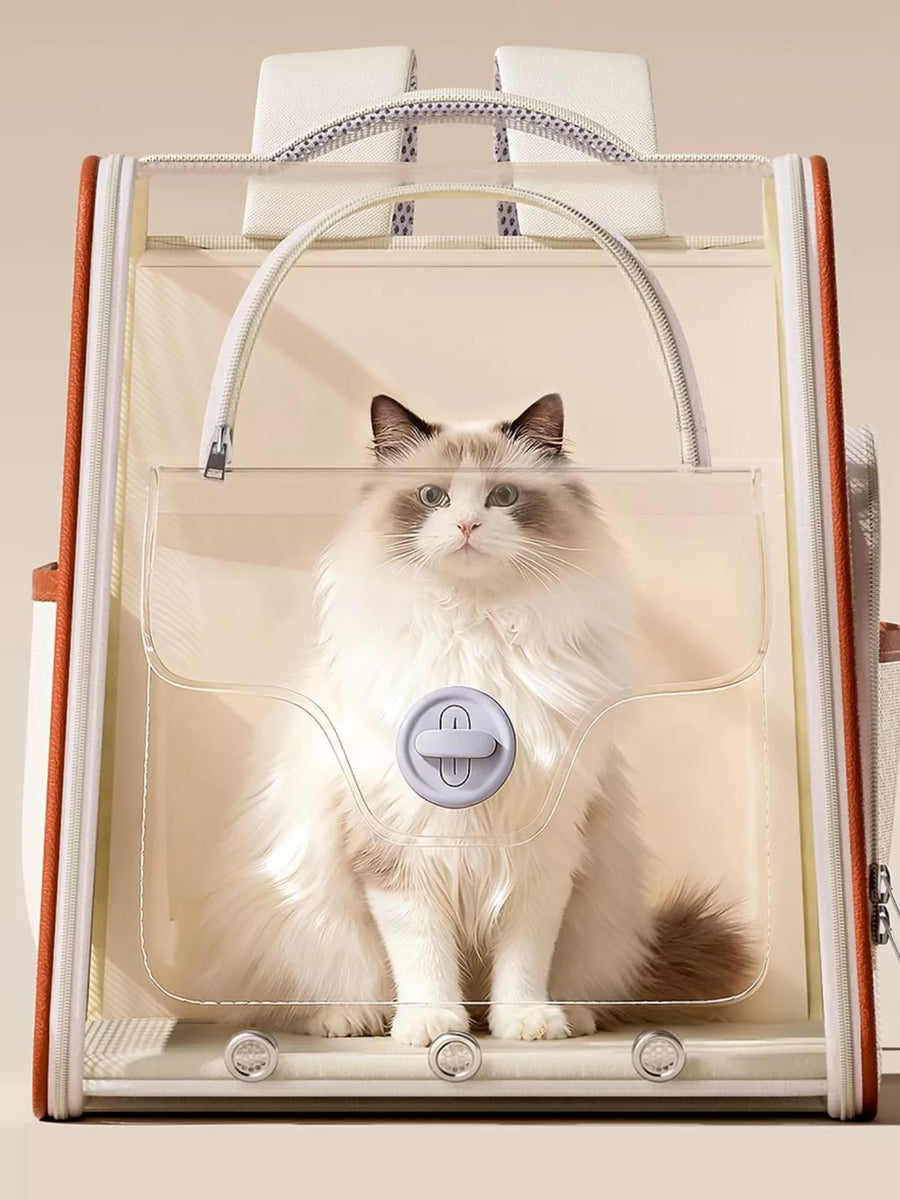 Chic two-tone pet carrier backpack in cream and brown with a clear front panel and a fluffy cat inside.