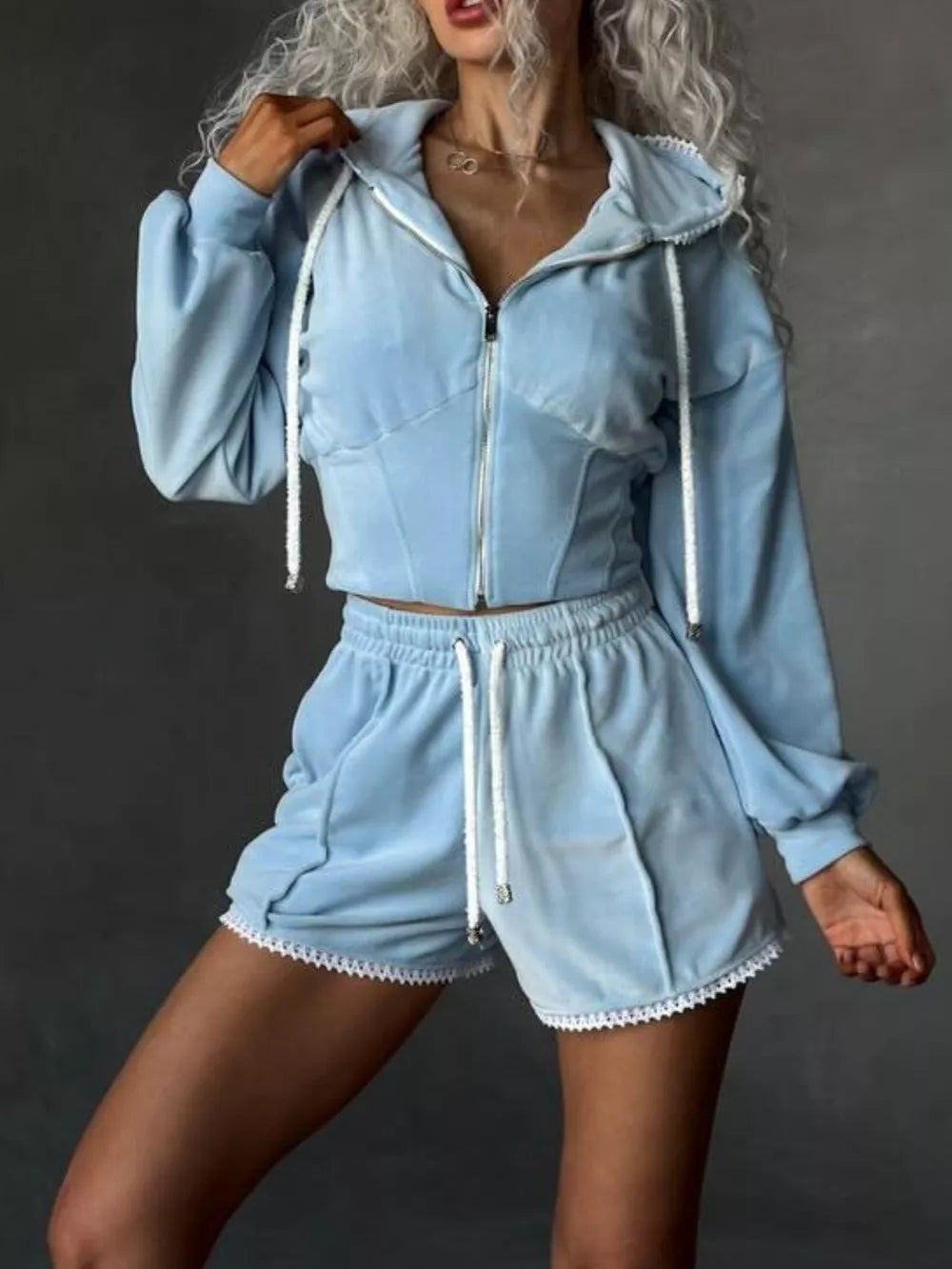 Blue Zip Up Hooded Outerwear And Shorts Set