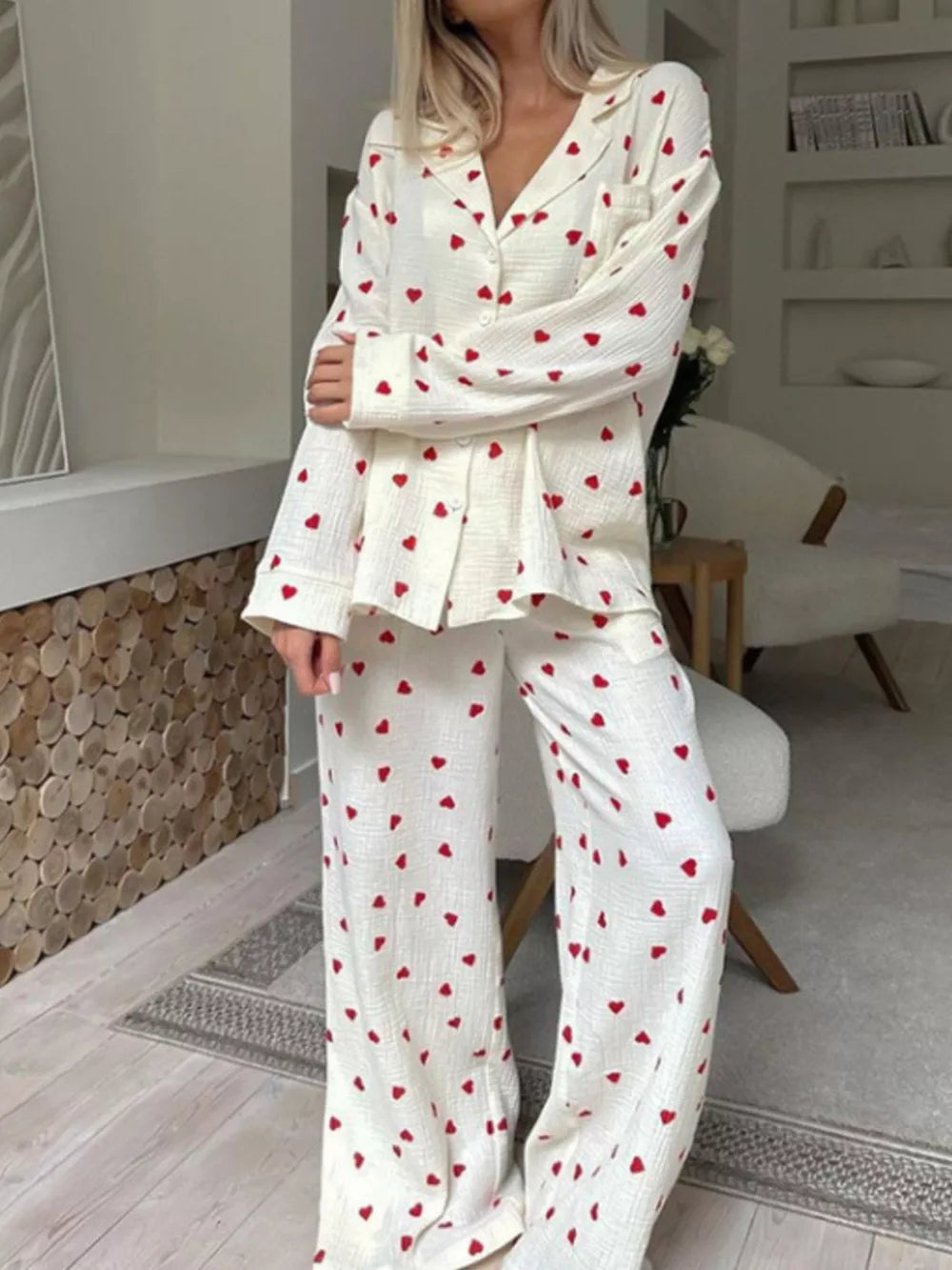 cream pajama set with heart print and collared