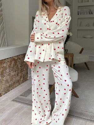 cream pajama set with heart print and collared