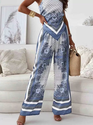 Chic printed cami and wide-leg pants set in Peacock Blue, polyester, with paisley and polka dot patterns.