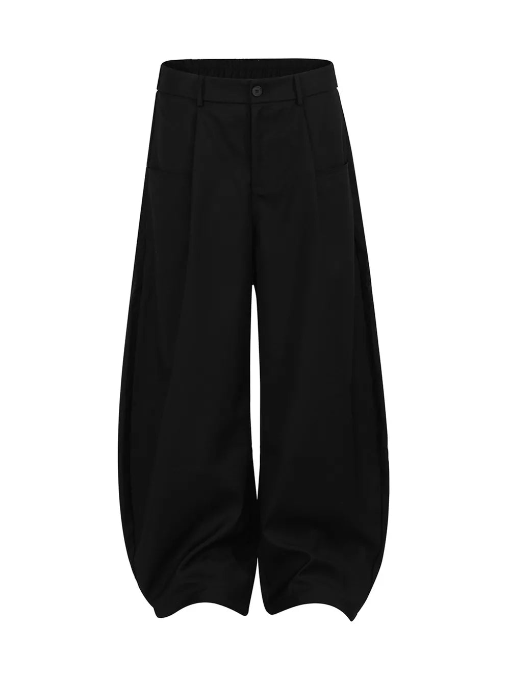 Black pleated front wide-leg trousers with adjustable waist.