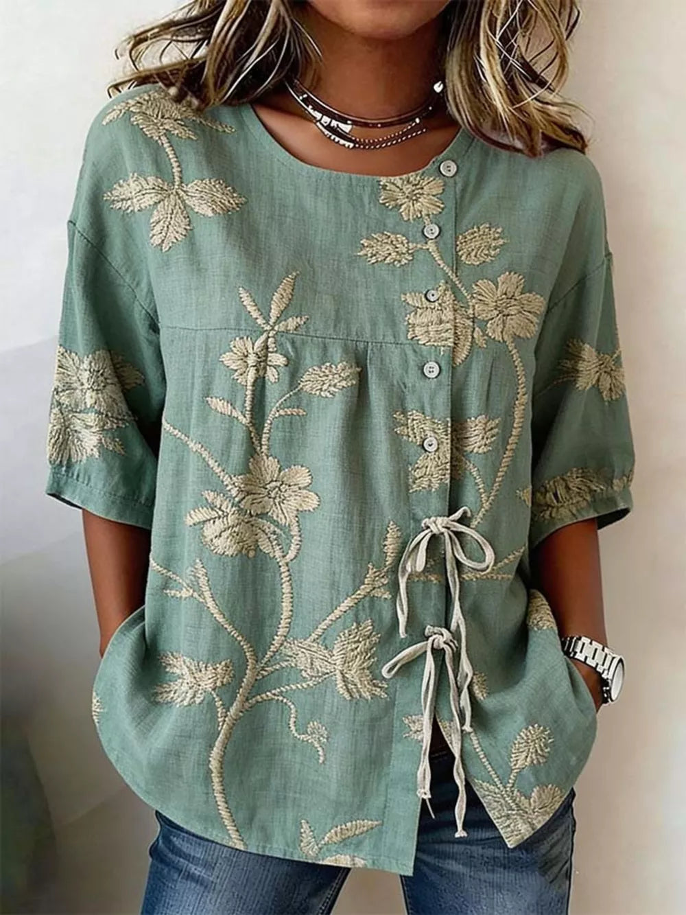 Blue Embroidered Floral Tie Front Shirt Plus Size