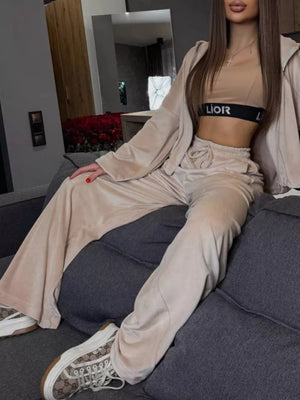 Zip Up Cropped Outerwear And Pants Set in Apricot, view 17