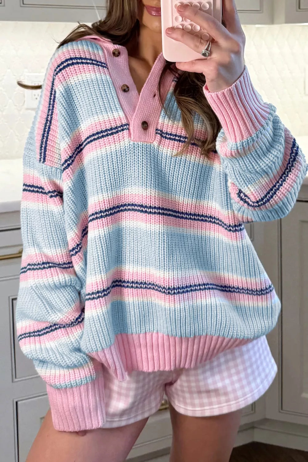 Light Blue Striped Button Collar Long Sleeve Knit Sweater