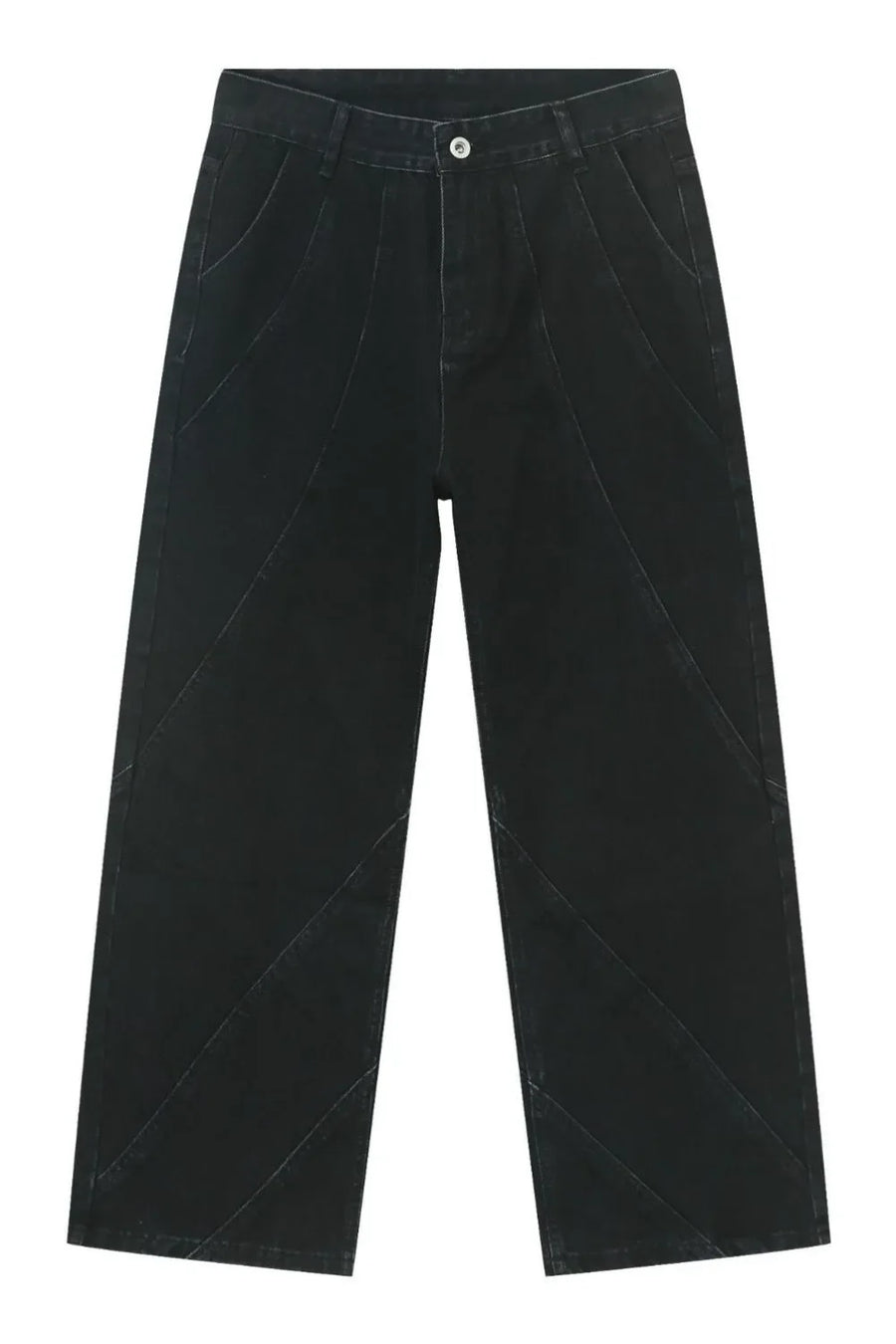 Dark denim trousers with sculpted seam detailing and a wide leg.