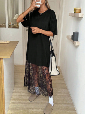Black t-shirt dress featuring sheer and floral
