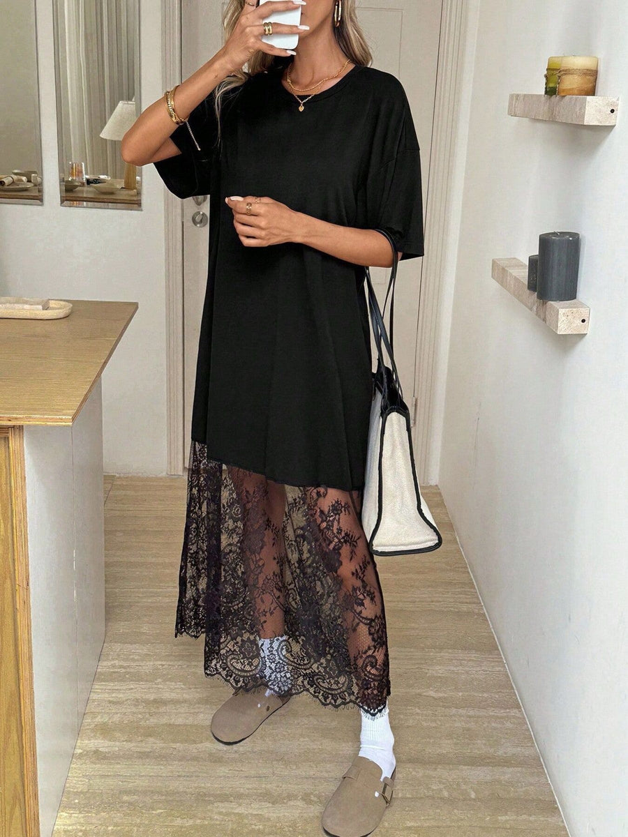 Black t-shirt dress featuring sheer and floral