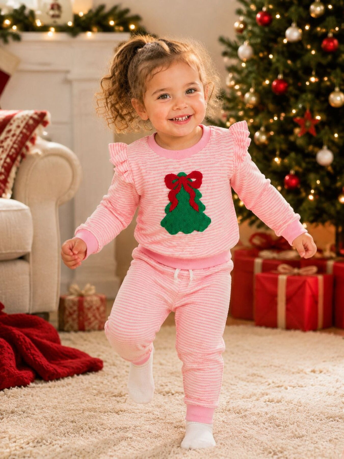 pink pajama set with striped and crew neck