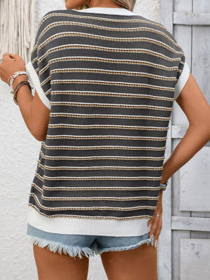 Gray striped short sleeve knit top with white trim and a crew neck.
