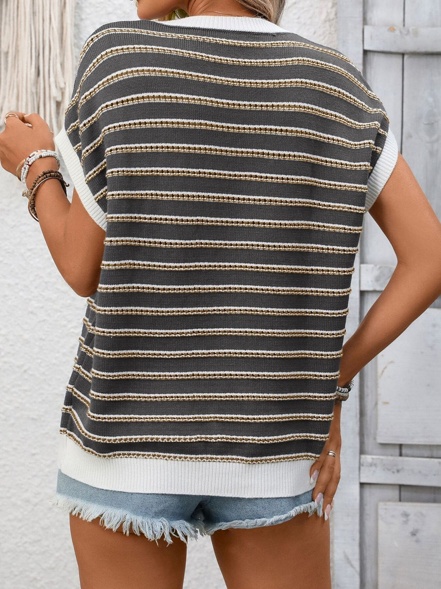 Gray striped short sleeve knit top with white trim and a crew neck.