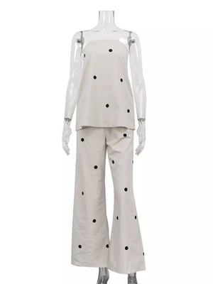 Cream polka dot strapless top and wide leg pants set
