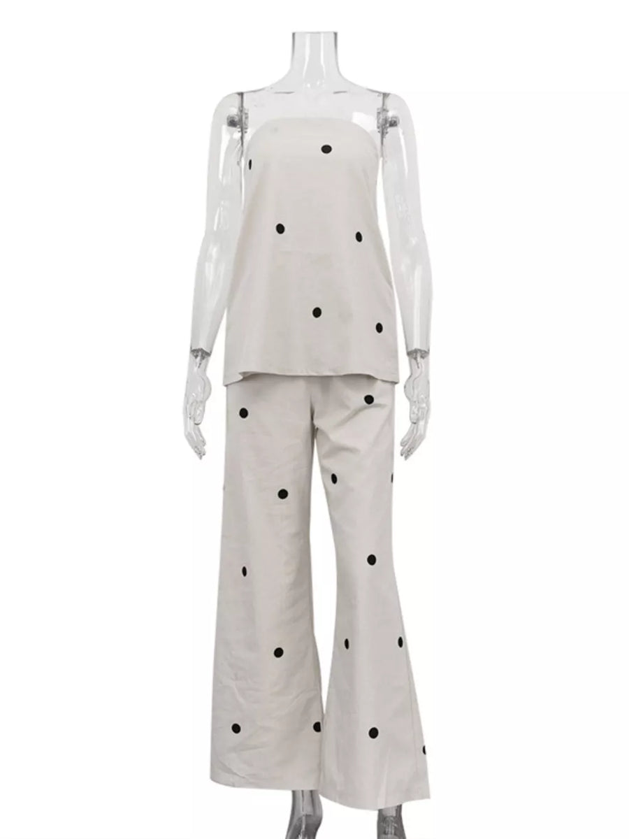Cream polka dot strapless top and wide leg pants set