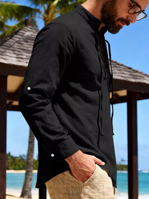 Black linen lace-up casual shirt with buttoned cuffs and mandarin collar.