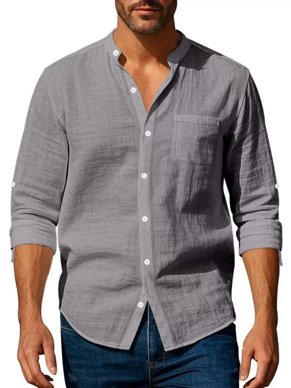 classic button-up shirt in black with mandarin collar