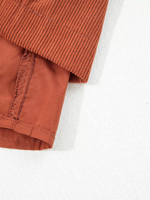 Button Decor Scalloped Edge High Waist Corduroy Shorts in rust with buttoned