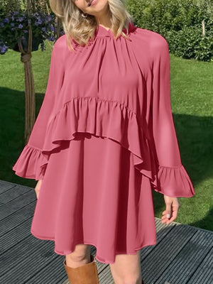 Elegant deep rose mini dress with ruffle trim, high neckline, and bell sleeves.