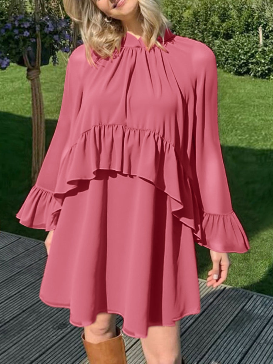 Elegant deep rose mini dress with ruffle trim, high neckline, and bell sleeves.